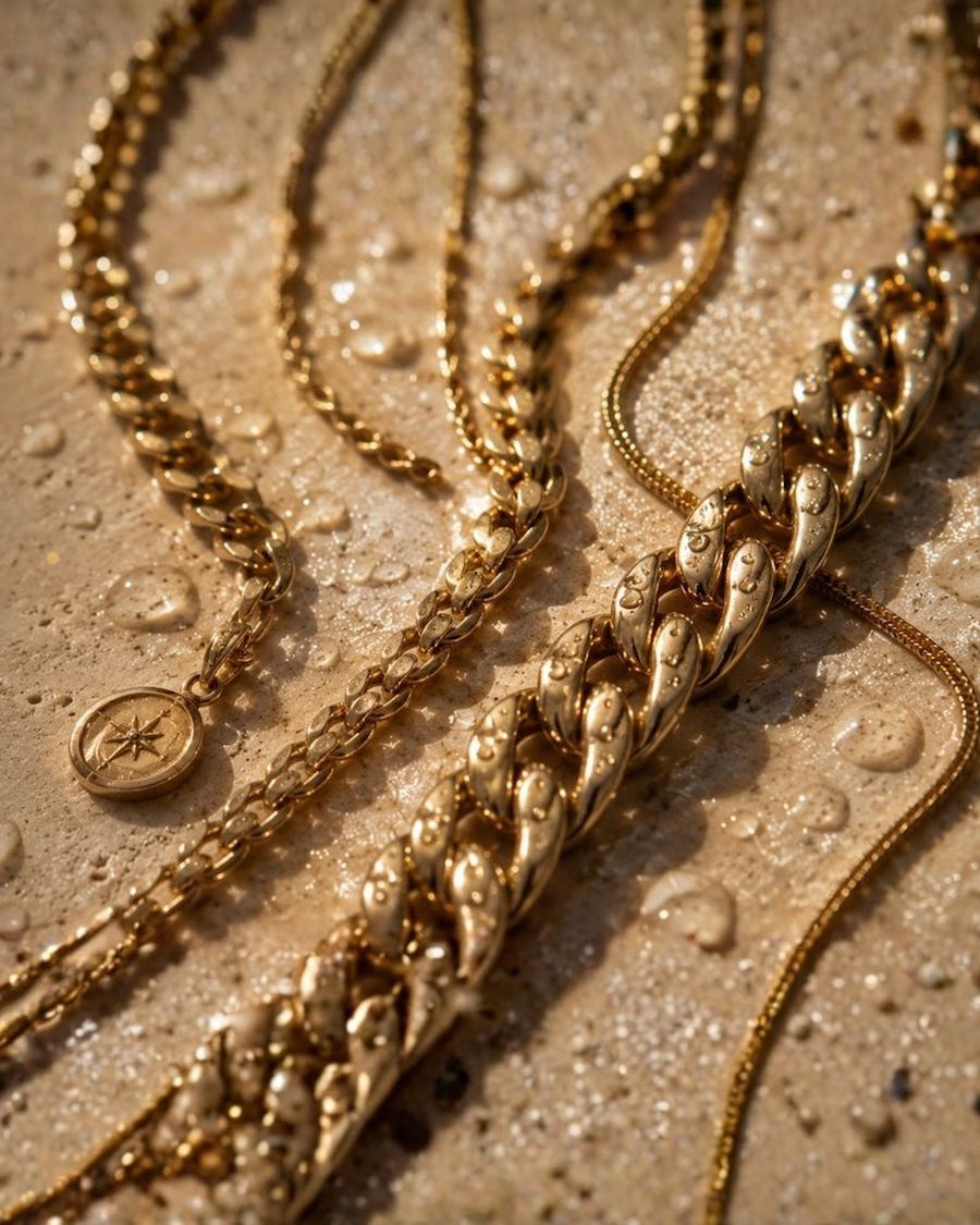 Gold rope and cuban chains beaded with water on wet sand